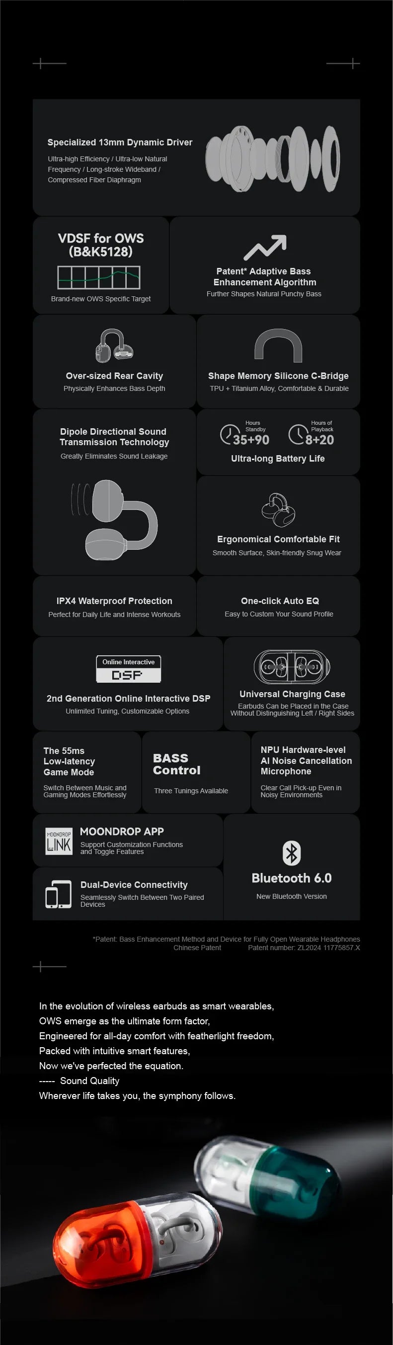 MOONDROP PILL Open Ear Headphones Bluetooth 6.0 OWS Hanging Earphones IPX4 Open Ear Clip Wireless Earbuds Built-in AI ENC MD-0WS