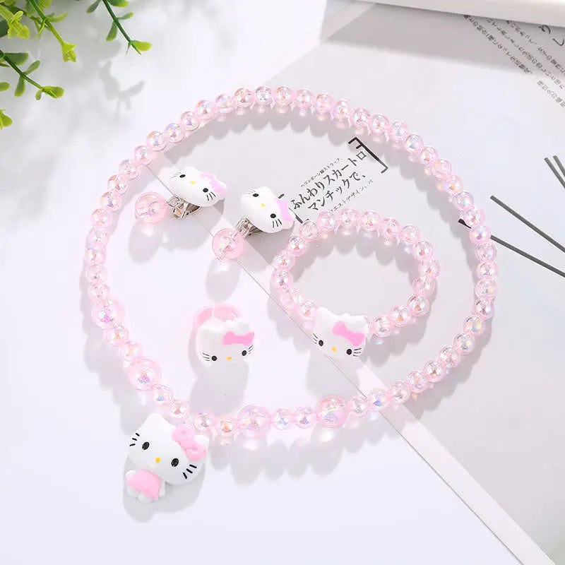 4pcs/set Cartoon Kawaii Hello Kitty Necklace and Hairclips.