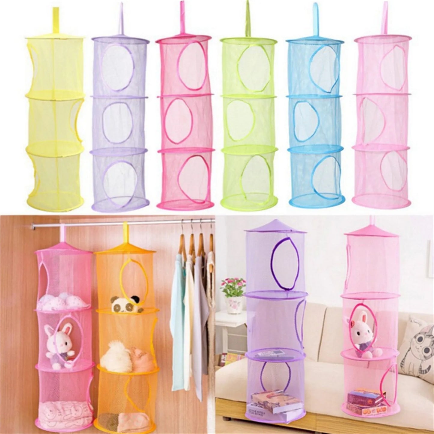 Colorful Fabric Storage Foldable Stuffed Net, 3 Compartments Hanging Mesh Toy Storage For Kid Room Toys, Gloves, Socks, Hats