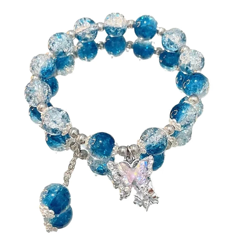 Fashion Butterfly Beaded Bracelets For Women Girls Imitation Jade Bohemian Crystal Charm Elastic Rope Bracelet Hand Jewelry