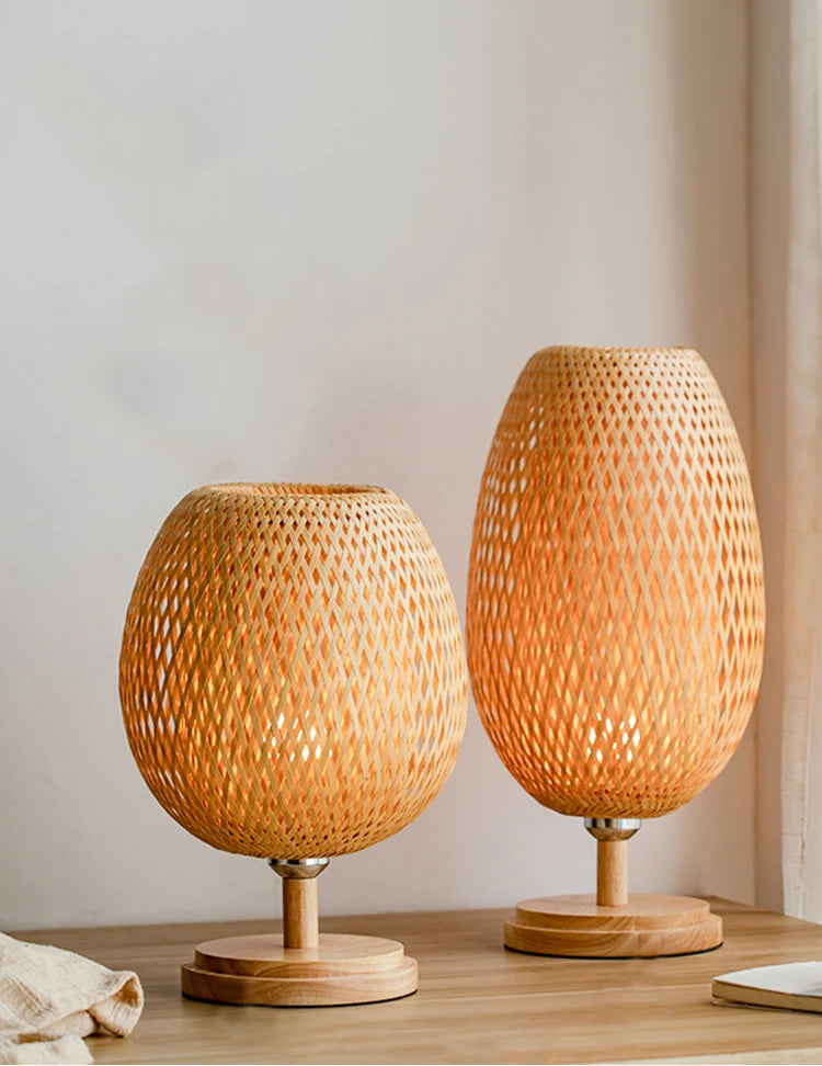 Dimmable Table Lamp, Rattan Bedside Lamp with Small Vintage Nightstand Light for Bedroom Living Room Desk Wooden Wicker Shade
