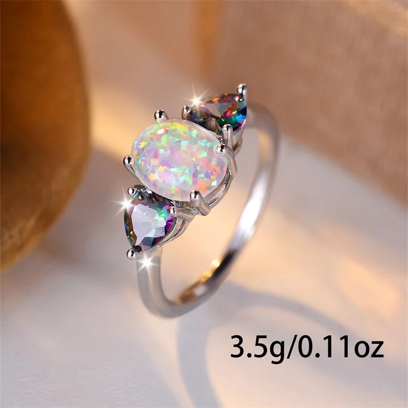 Oval Mystic White Fire Opal Rings For Women Silver Color Wedding Bands Rainbow Heart Zircon Engagement Party Jewelry Mother Gift