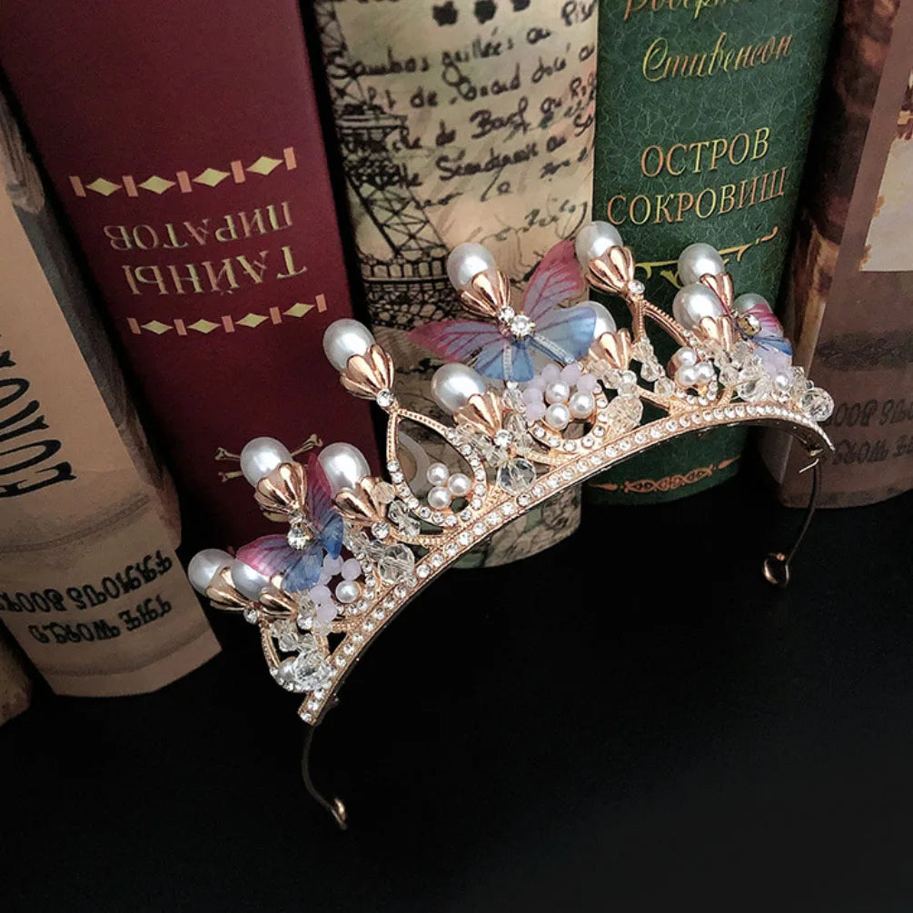 Girl Princess Crown Butterfly Rhinestone Tiaras Birthday Crystal Crown Performance Wedding Model Catwalk Handmade Pearl Tiara
