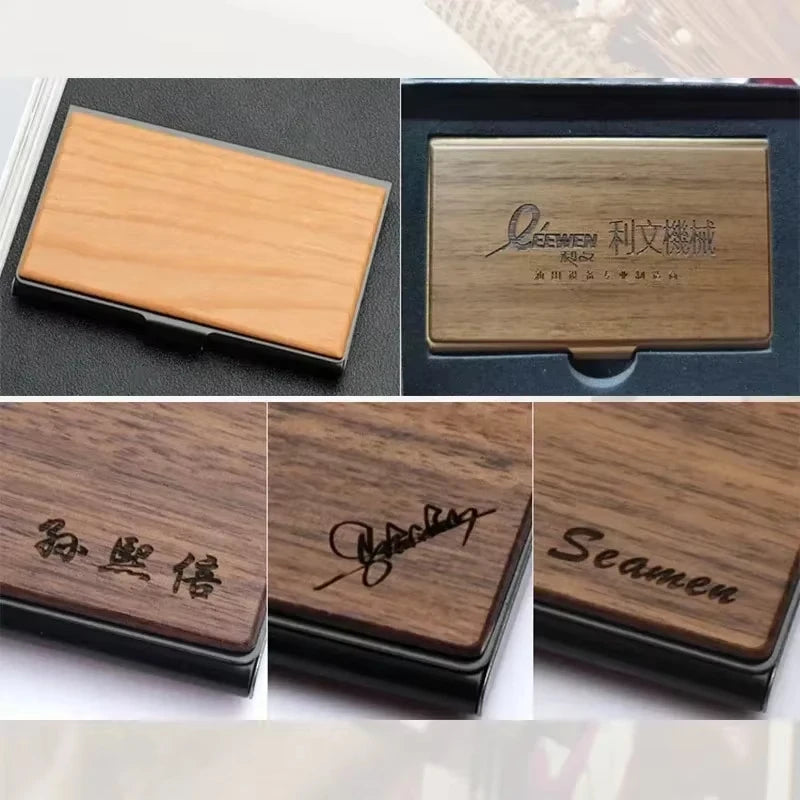 Free Customized Engraving Wood Business Card Holder Pocket Black Walnut Solid Wooden Clip Personalized Cardcase Activities Gifts