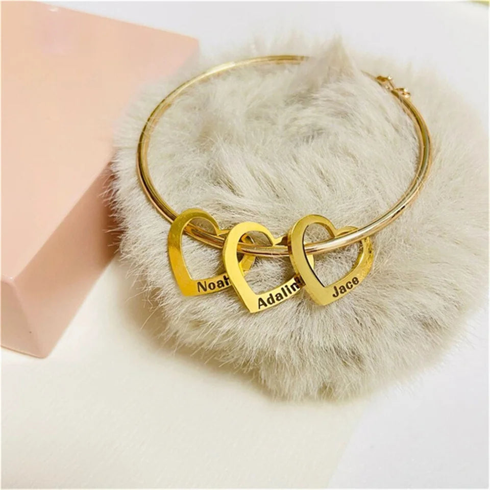 Customized Engraving Name Heart Pendant Bangles for Women Personalized Stainless Steel Bracelet Jewelry Girlfriend Birthday Gift