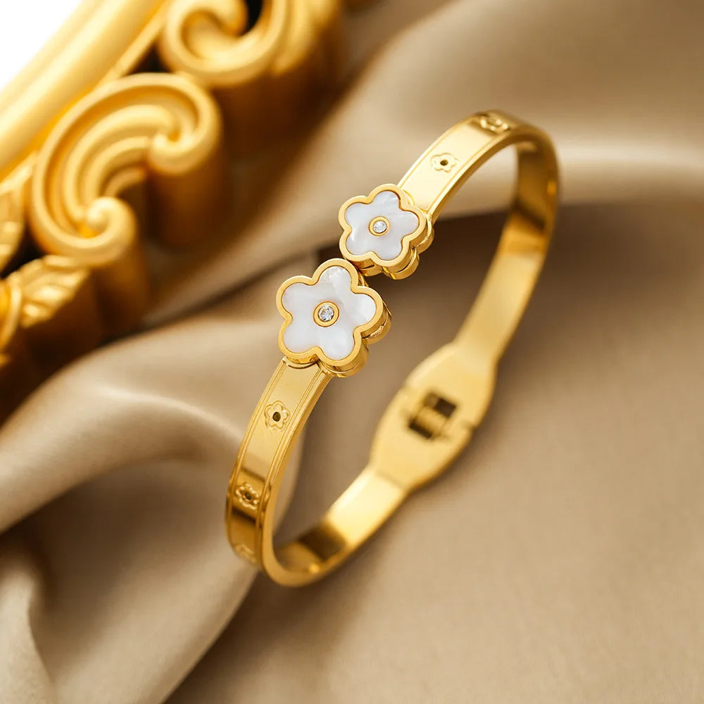 Trendy Simple Shell Flower Bracelets for Women 3 Colors Stainless Steel Can Open Bangles Hand Accessories Jewelry Christmas Gift