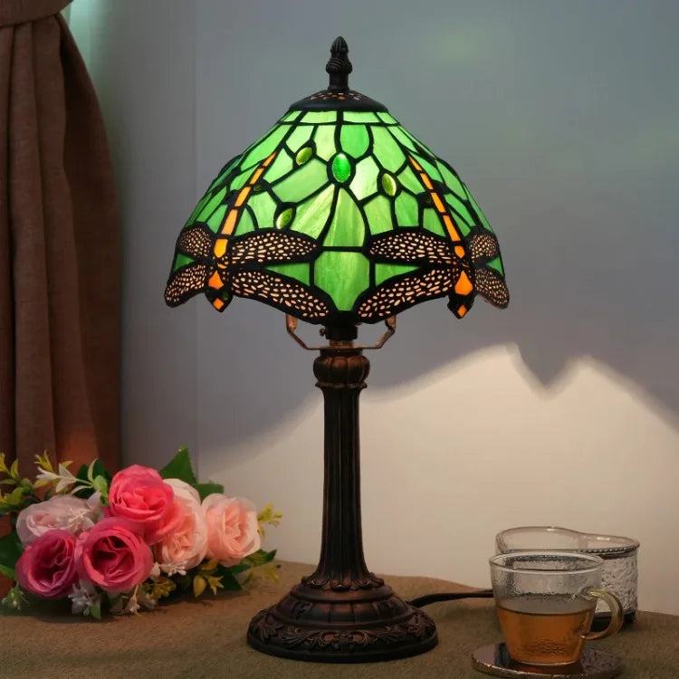 Stained Glass Table Lamp, Antique Green Tiffany Style Reading Light for Bedroom, Living Room and Office Decor Lampara Salon