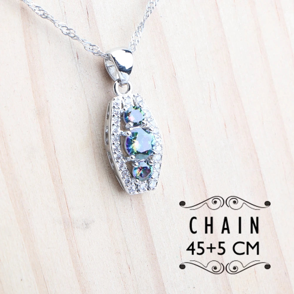 Bridal 925 Silver Jewelry Sets Magic Natural Rainbow Zircon Jewery Women Earrings Rings Pendant Bracelets Necklace Wedding Set