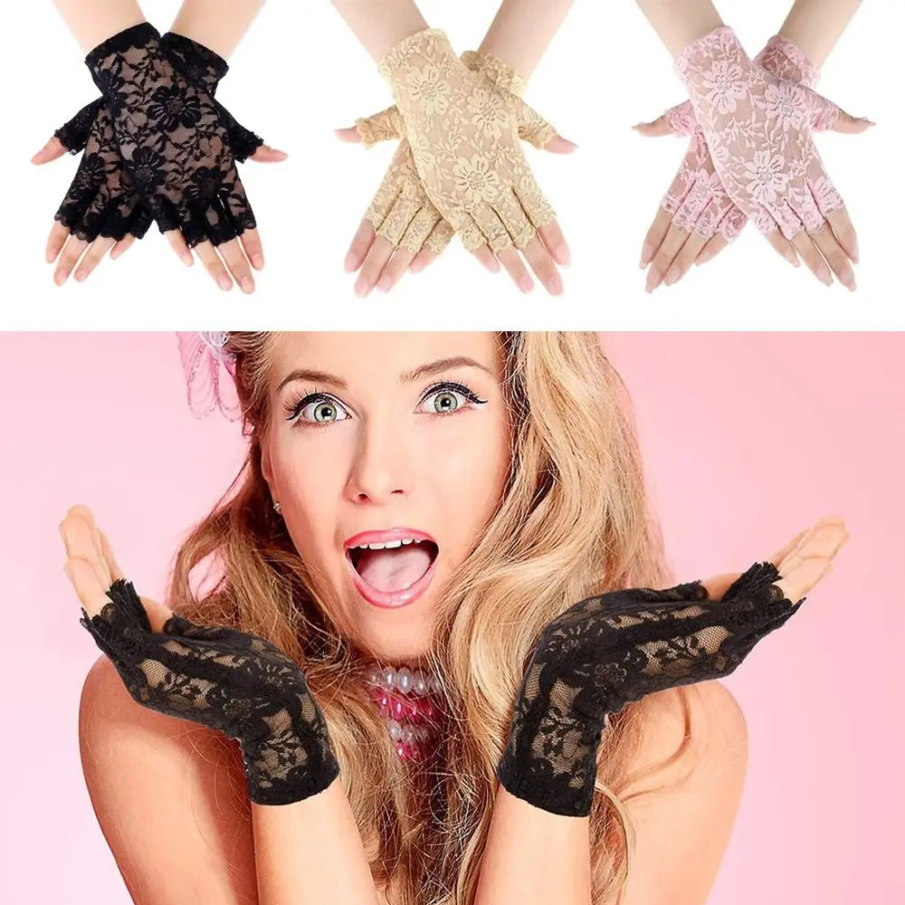 Women Sexy Dressy Lace Gloves Sunscreen Short Gloves Fingerless Lace Driving Gloves Spring Summer Mittens Wedding Accessories