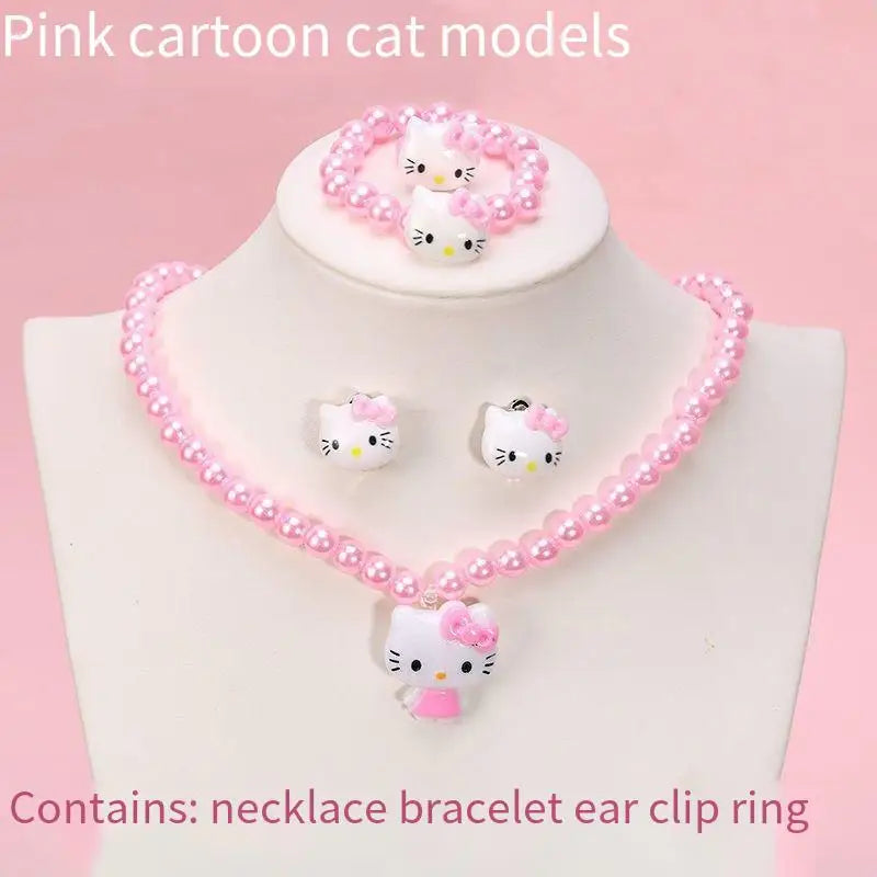 4pcs/set Cartoon Kawaii Hello Kitty Necklace and Hairclips.