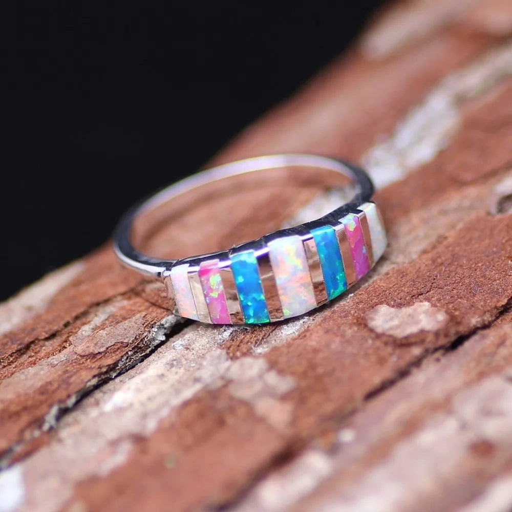 Silver Plated Opal Rings For Women Wedding Jewelry Fashion Gift Ring Size 5-12
