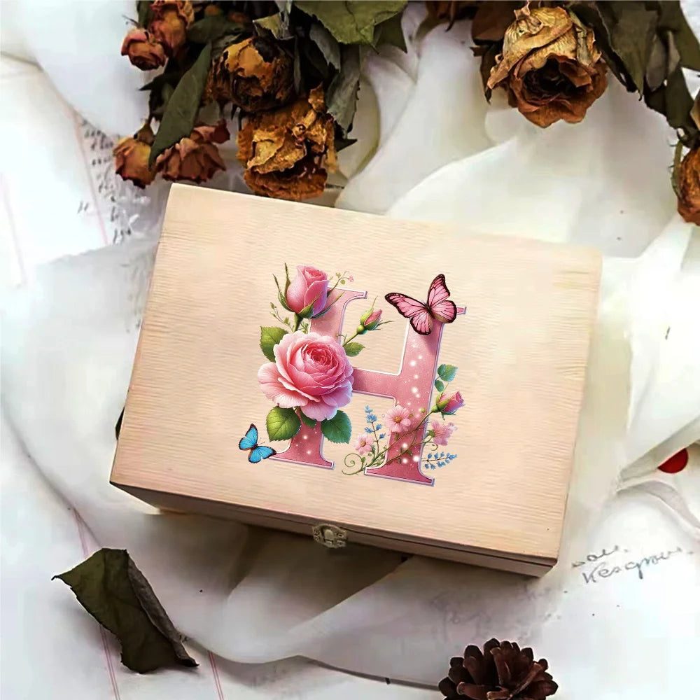 Wooden Storage Box With Hinged Lid Durable Multifunctional Case Crafts Jewelry Boxes For Household Pink Butterfly Letter Pattern