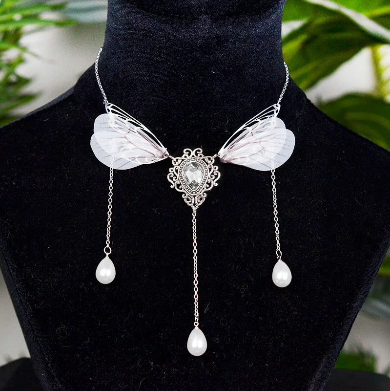 Witch Fairy Elves Butterfly Wings with Crystal Pendant Chain Necklace Forest Fairy Jewelry for women