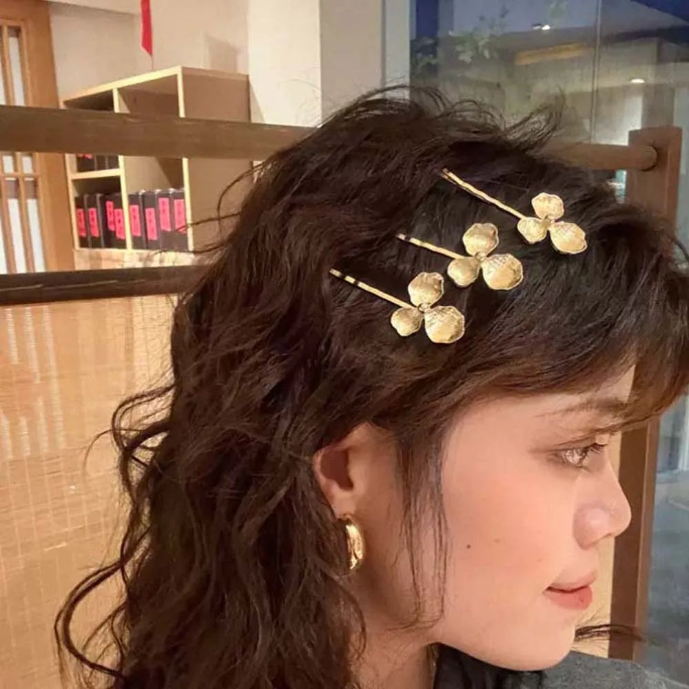 5pcs Elegant Golden Flower Hair Forks Hairstyle Tools French Style Pearl Side Clips Hair Accessories Retro Wave Alloy Barrettes