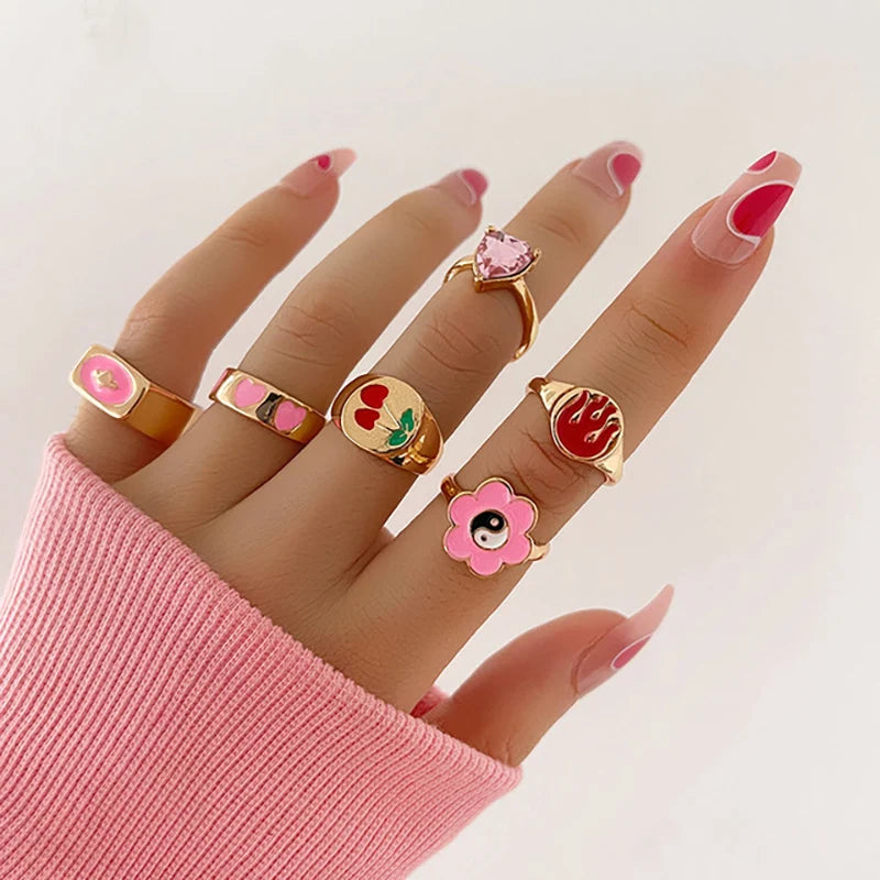 Pink Enamel Butterfly Ring Gold Finished Set For Women Crystal Enamel