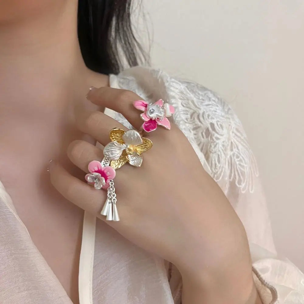 Sweet Drip Oil Flower Ring Butterfly Orchid White Iris Flower Enamel Finger Ring Ins Style Trendy French Irregular Ring Women