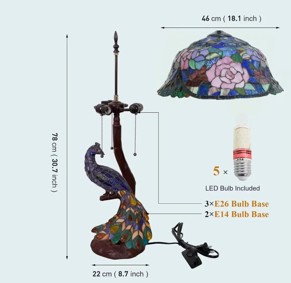 30-Inch  Table Lamp Traditional American Style Living Room Bedroom Study Lamp Luxurious Villa Hotel Stained Glass Lamp