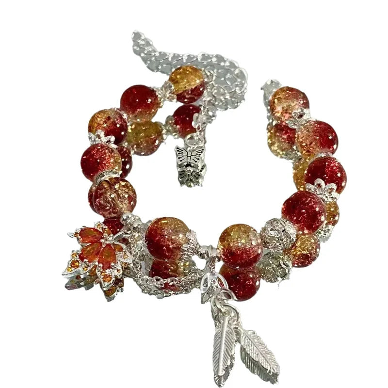 Fashion Design Gradient Crystal Beads Bracelet for Women Girls Vintage Butterfly Feather Maple Leaf Tassel Bracelet Jewelry Gift