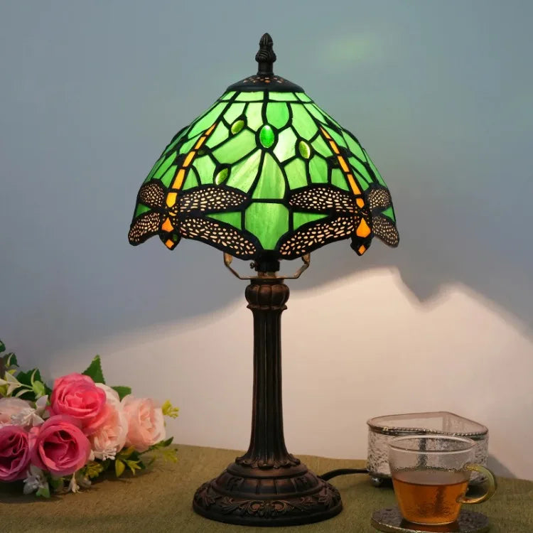 Stained Glass Table Lamp, Antique Green Tiffany Style Reading Light for Bedroom, Living Room and Office Decor Lampara Salon