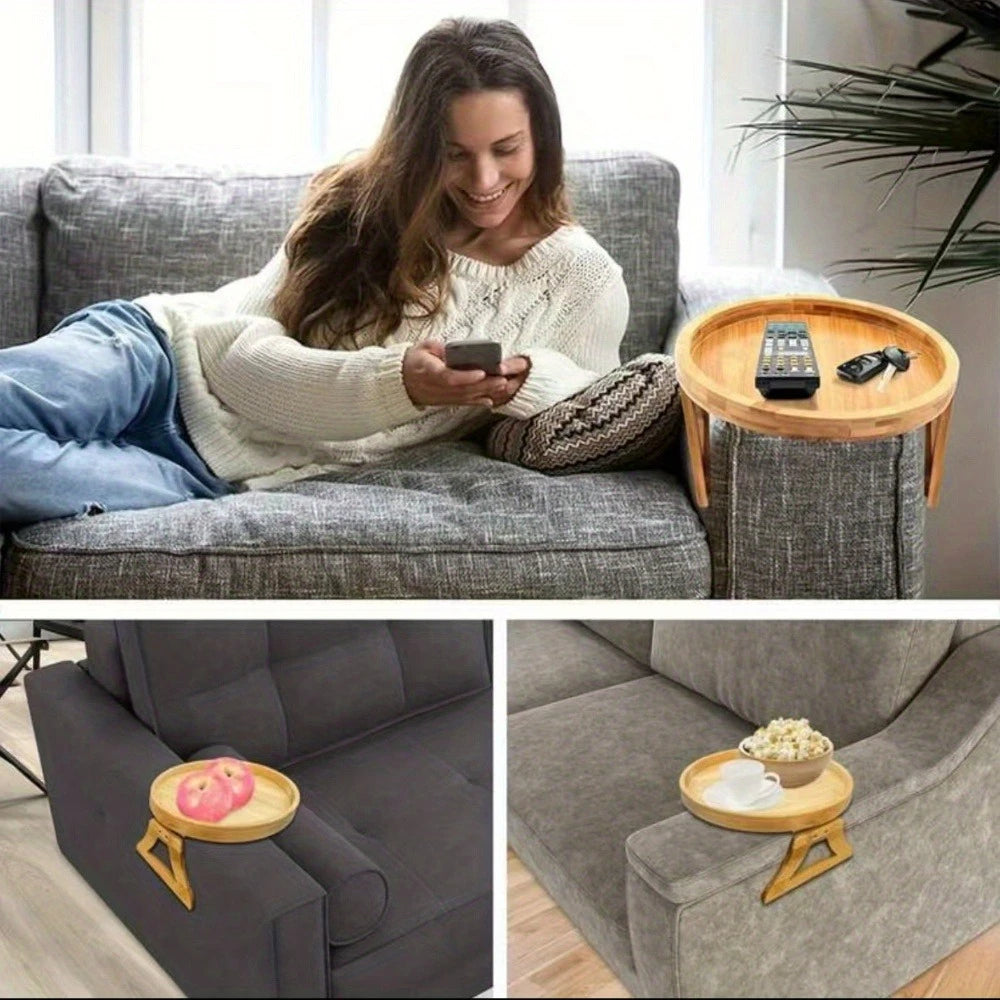 2025 Wooden Sofa Armrest Tray Circular Clip on Breakfast Tray Home Use Foldable Sofa Side Table Snack Integrated Storage Tray
