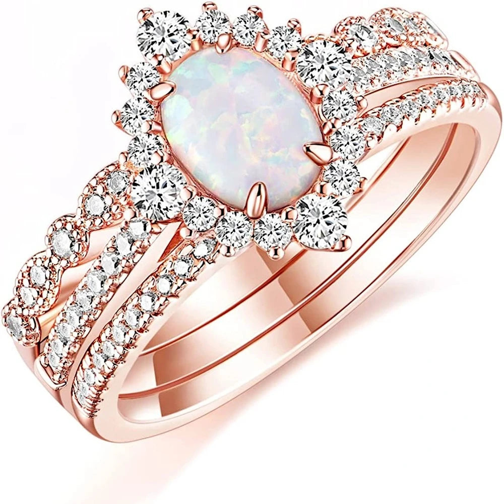 Trumium 3Pcs Rose Gold Color Stackable Rings 1.5CT Oval Bridal Ring Sets Opal Knuckle Ring Engagement CZ Wedding Band for Women