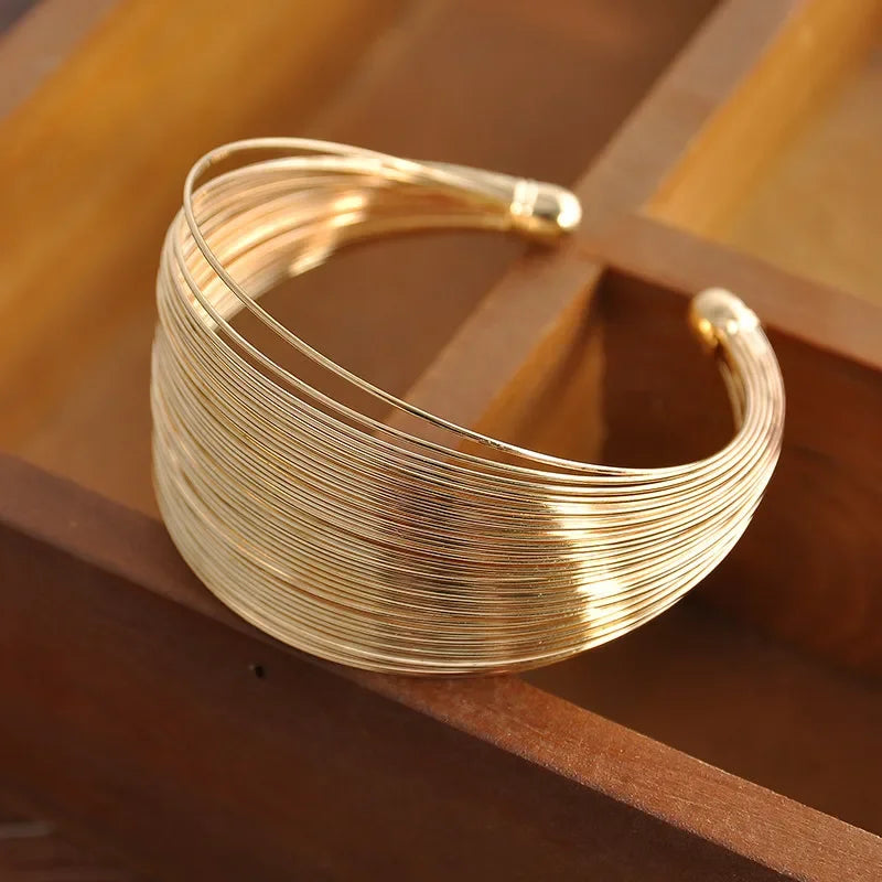 New Fashion Wire Bracelet Metal Wide Bangle Multi-layer Opening Wide-Style Personality Bracelet Popular Women Hand Accessories