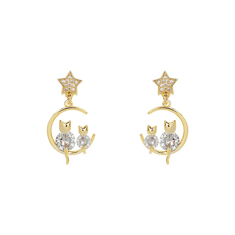 Cute Moon Star Drop Earrings Exquisite Rhinestone Earrings Gold Color Fishtail Mini Earrings Women's Fashion Ear Jewelry Gifts