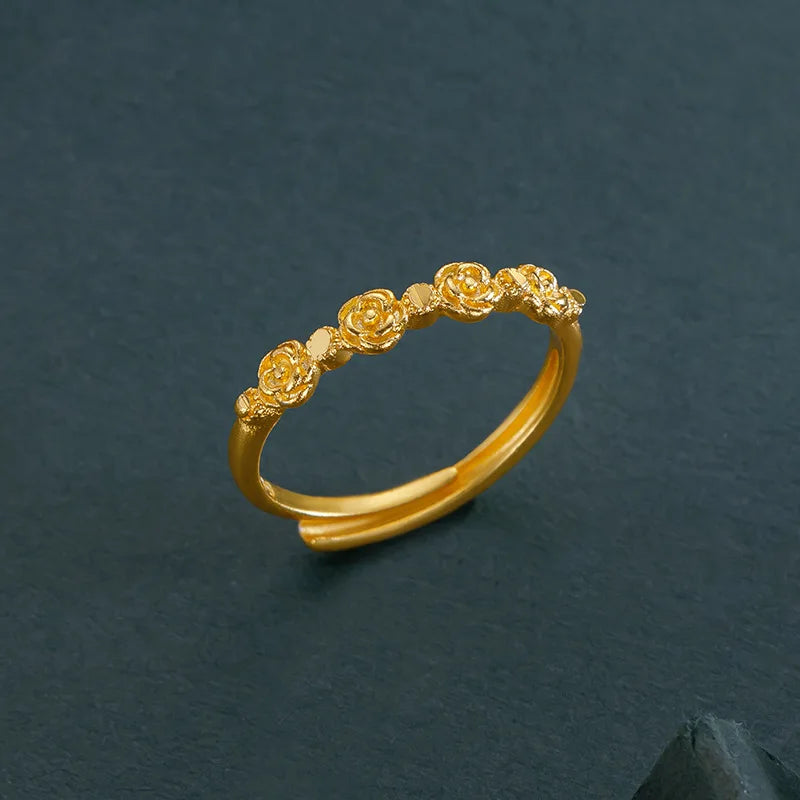 Genuine 18 K Gold Color Romantic Retro Rose Shape Ring for Women Bride Birthday Wedding Engagement Jewelry Gifts