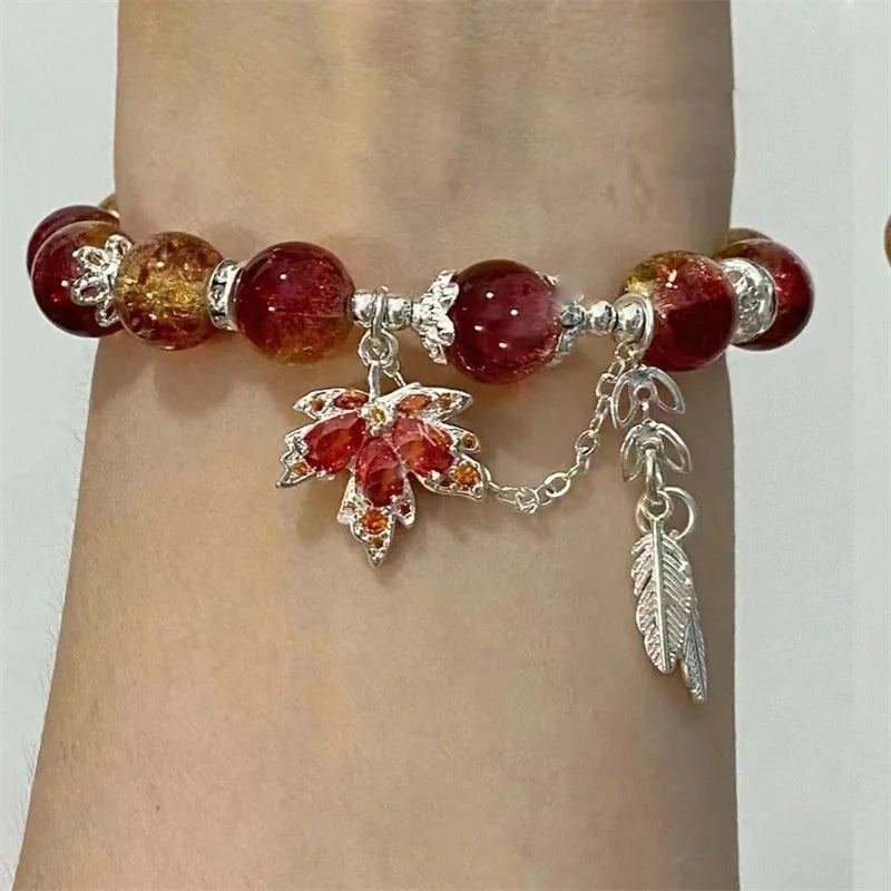 Fashion Design Gradient Crystal Beads Bracelet for Women Girls Vintage Butterfly Feather Maple Leaf Tassel Bracelet Jewelry Gift