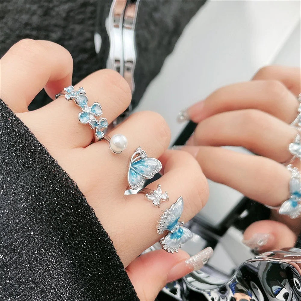 Exquisite Ice Blue Butterfly Open Ring, Fashionable Women's Simple Style Jewelry