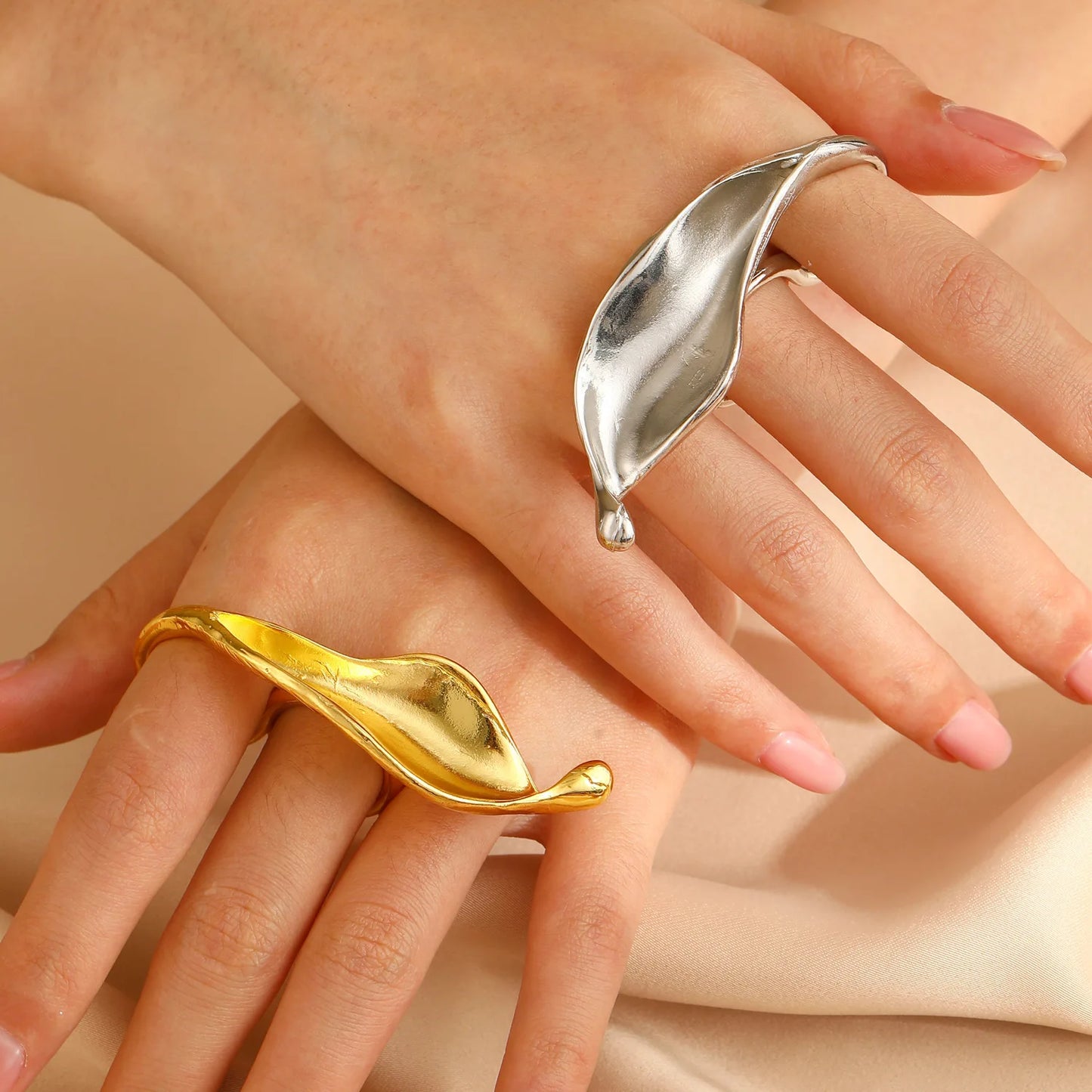 Exaggerated Geometric Frosted Large Leaf Shaped Rings Gothic Gold Silver Color Large Irregular Ring Jewelry Accessories