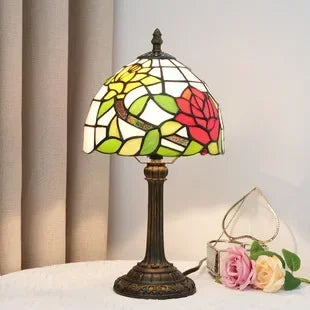 Stained Glass Table Lamp, Antique Green Tiffany Style Reading Light for Bedroom, Living Room and Office Decor Lampara Salon