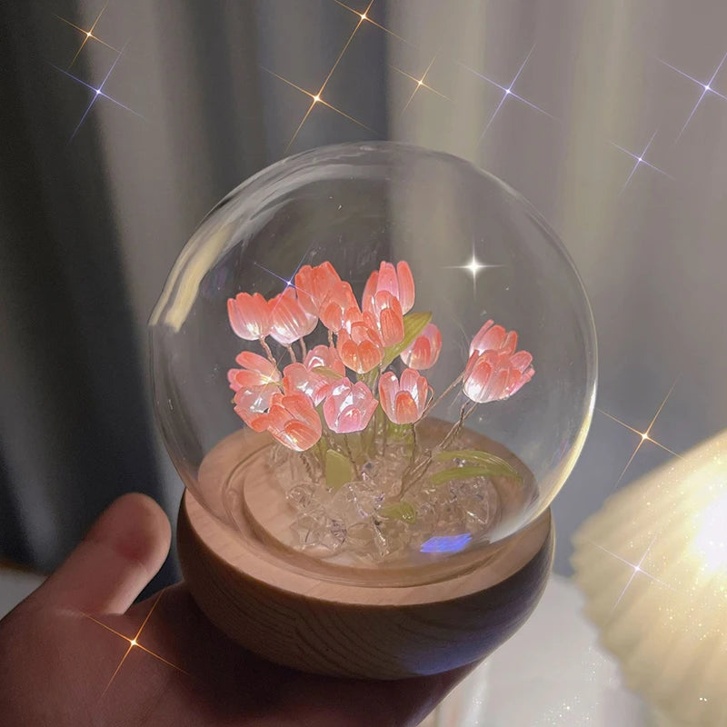 Artificial Tulip Flower Night Light Ornaments Handmade DIY Bedsides LED Night Lamp Bedroom Desk Decor Birthday Gifts Table Lamp