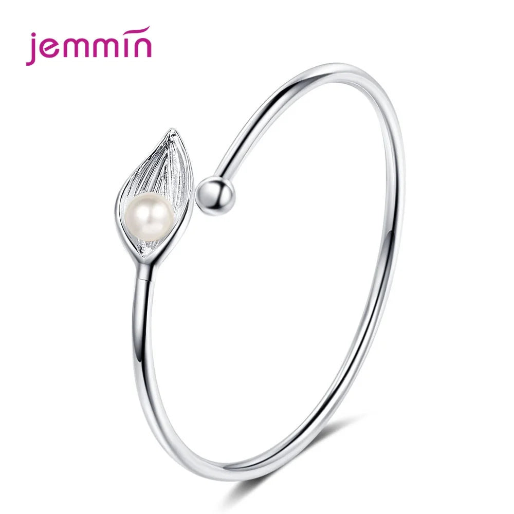 Fashion Cute Leaf And Pearls Chain Bracelets for Women 925 Sterling Silver Adjustbale Cuff Bracelet Bangle Jewelry