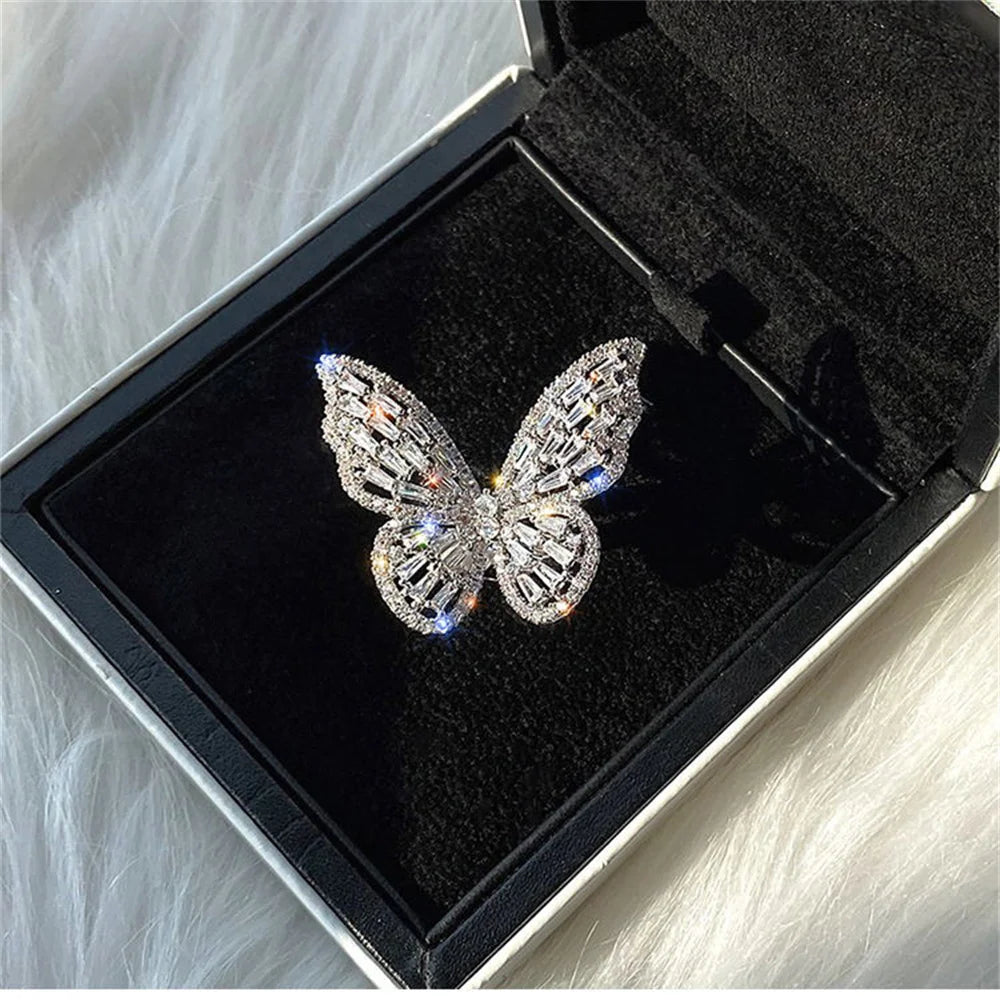 Exquisite Ice Blue Butterfly Open Ring, Fashionable Women's Simple Style Jewelry