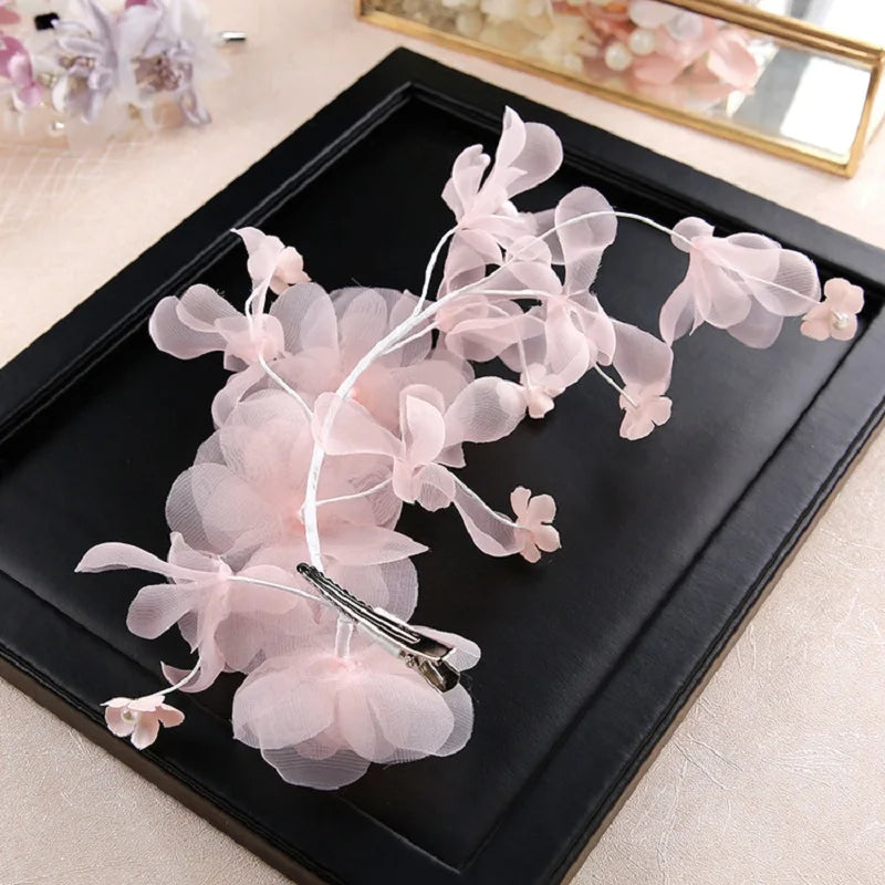 Fairy Flower Hair Clip Bridal Tiaras Pink Floral Pearl Hairpin For Women Bride Wedding Hair Accessories Trend Noiva Head Jewelry