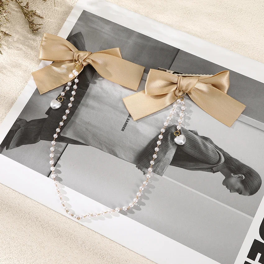 LEVAO Women's Sweet Double Bow Duckbill Clip Tiaras Pearl Chain Decorative Hairband Girls Fashion Hairpin Hair Accessories
