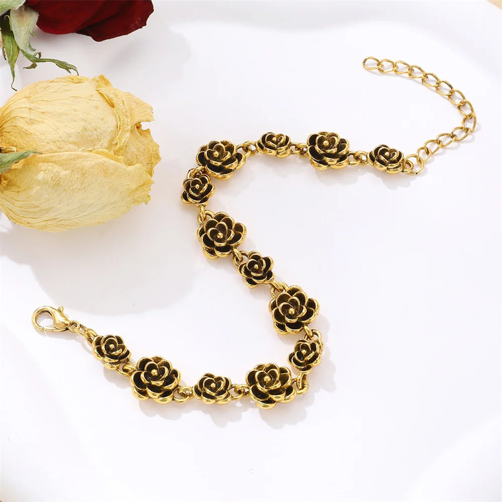 Trendy Rose Flower Charm Bracelet for Women Alloy Romantic Gift for Girlfriend Personalized Bracelet Party Jewelry Accessories