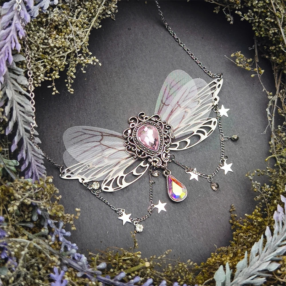 Witch Fairy Elves Butterfly Wings with Crystal Pendant Chain Necklace Forest Fairy Jewelry for women