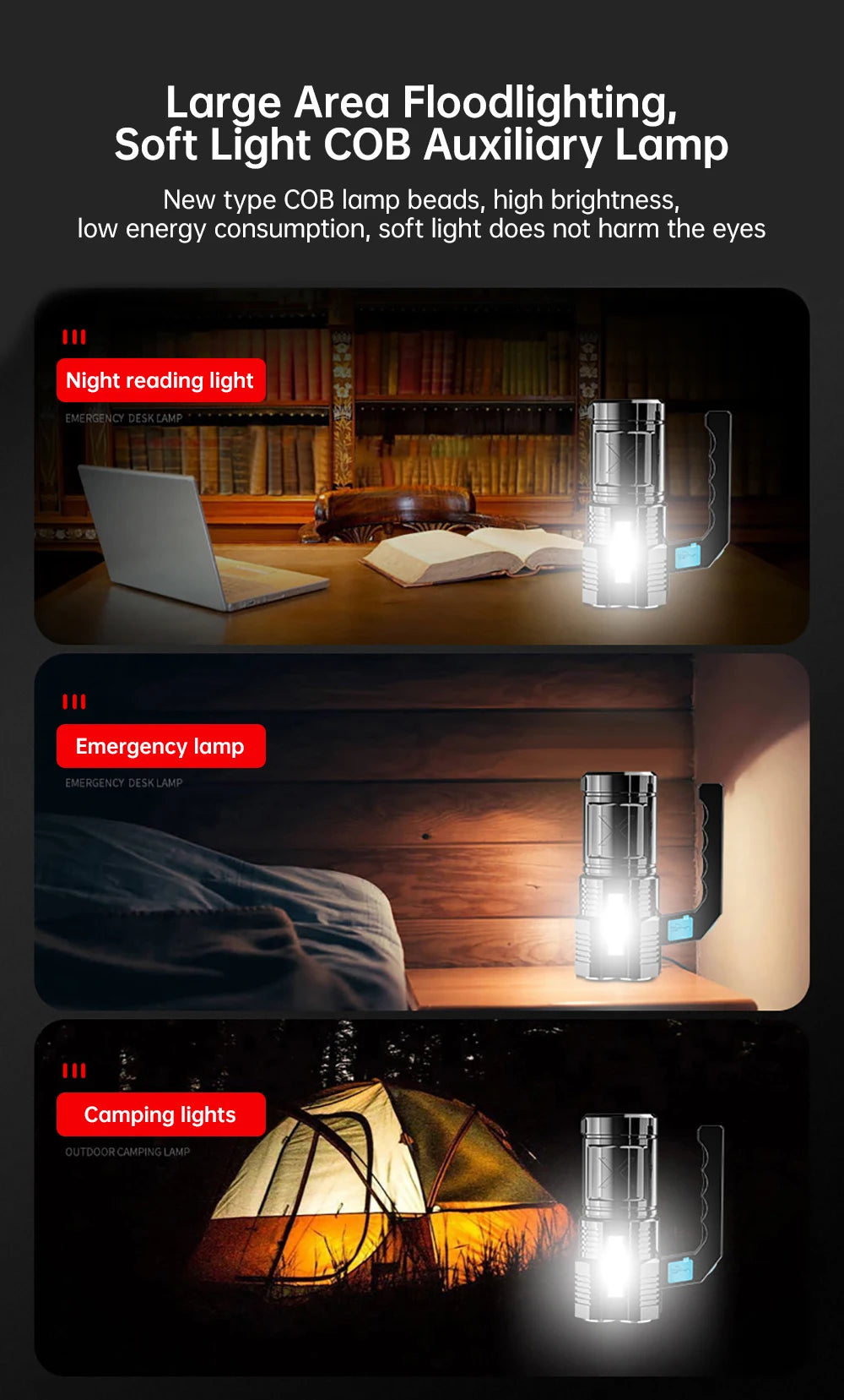 Powerful LED Flashlight Super Bright USB Rechargeable COB 4 LED Handheld Lantern Camping Portable Torch Light