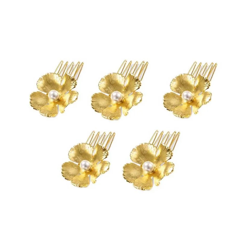 5pcs Elegant Golden Flower Hair Forks Hairstyle Tools French Style Pearl Side Clips Hair Accessories Retro Wave Alloy Barrettes