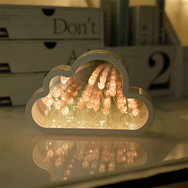 1pc Handmade DIY Clouds Tulip Lamps LED Night Light Mirror Table Lamps Bedroom Ornaments Decoration Flower Sea Atmosphere Lamp