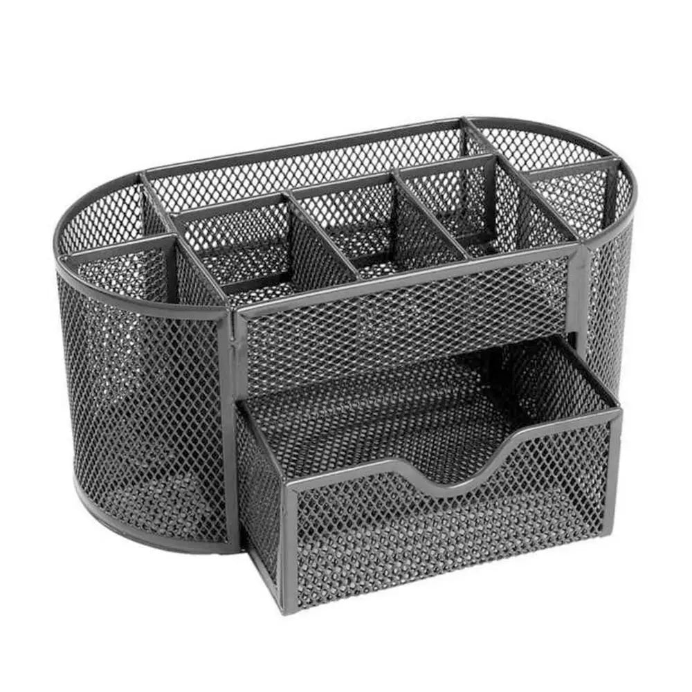 Office School Supplies With Drawer 9-Grid Storage Desk Organizer Stationery Container Metal Mesh Pen Holder