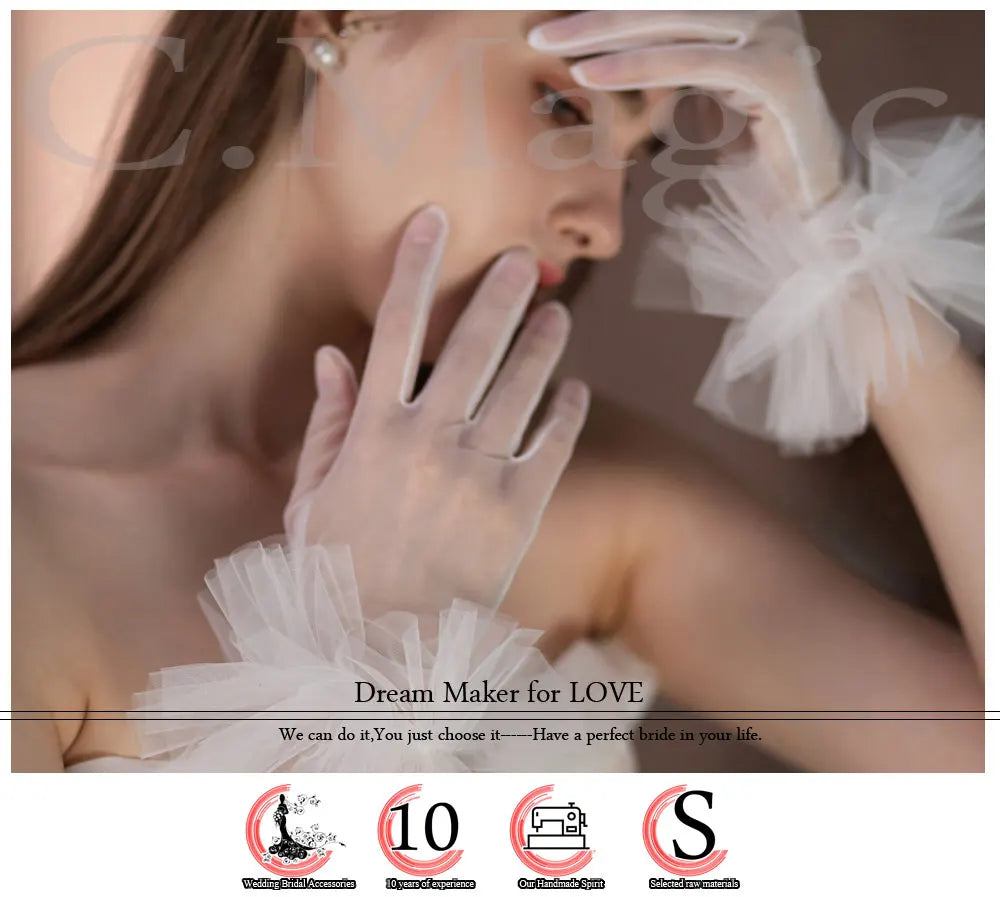 WG094 Elegant Wedding Bridal Gloves Soft Tulle Ruffled Edge Women Brides Bridesmaid Short White Gloves for Pageant Perform