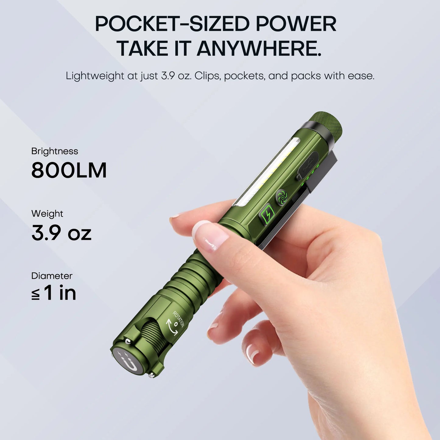 Magnetic LED Flashlight, 800 Lumen Rechargeable Flashlight, Laser Pointer, Hands-Free, USB Charging Cable, for Work and Outdoor