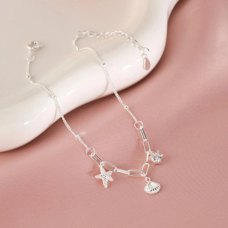 Trendy Sterling Silver Color Bracelets for Women New Sea Shells Charm Hand Chain Link Orignal Fashion Jewelry With Stamp