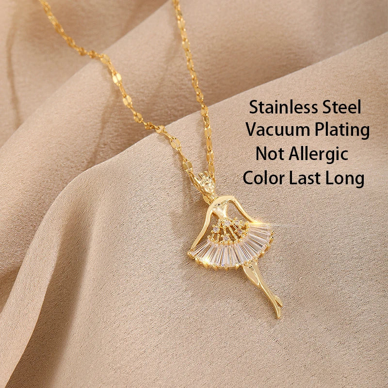 Sweet Elegant Ballerina Girl Crystal Zircon Pendant Necklaces For Women Korean Fashion Ladies Sexy Stainless Steel Jewelry Gift