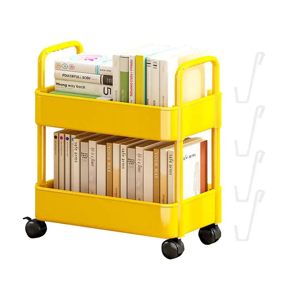 Under Table Storage Shelf with Wheel 2-Layer Movable Bookshelf Cart Household Sundries Storage Trolley Kitchen Bedroom Organizer