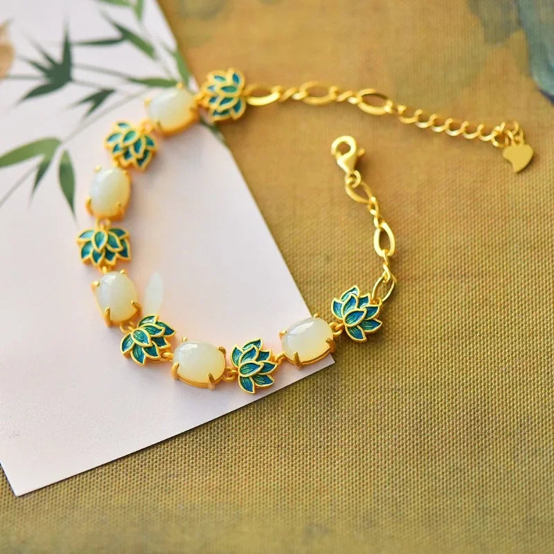 Natural Hotan Jade Charms Enamel Lotus Flower Bracelet for Women New in Chinese Vintage Ancient Gold Craft Bangles Jewelry