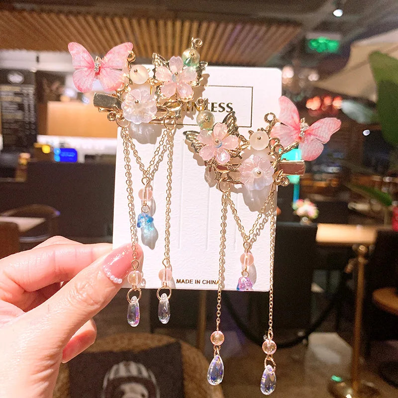 1pair Chinese Style flower Hairpin Cute Girl Candy Color Tassel Butterfly Hair Clip Retro Hanfu Barrettes Women's Hair Accessori